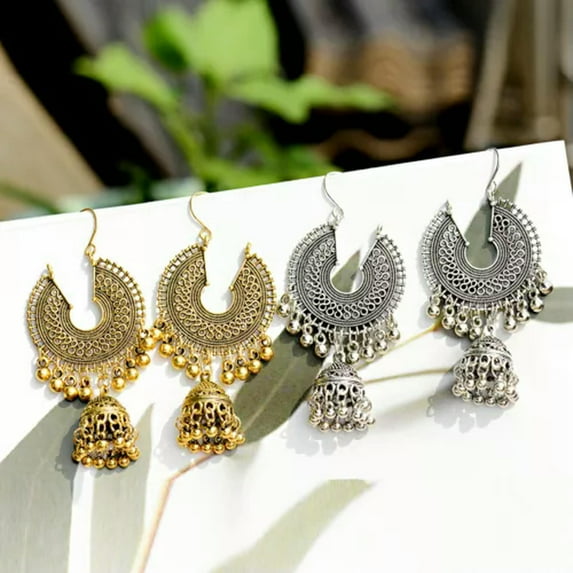 RSAMD Ethnic Carved Flower Indian Jhumka Earrings Style Metal Dangle Jewelry for Women-Style-12-Gold