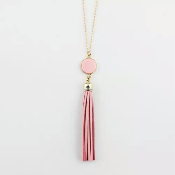 RSAMD Monogram Acrylic Blank Disc Long Chain Pendant BOHO Tassel Necklace for Women-Gold Pink