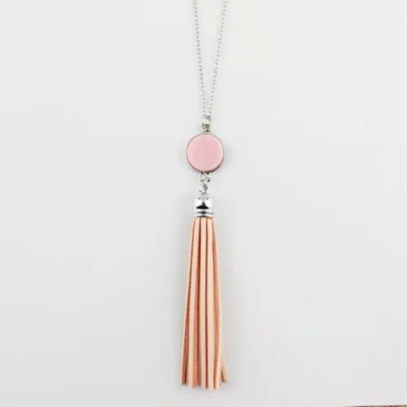 RSAMD Monogram Acrylic Blank Disc Long Chain Pendant BOHO Tassel Necklace for Women-Silver Pink