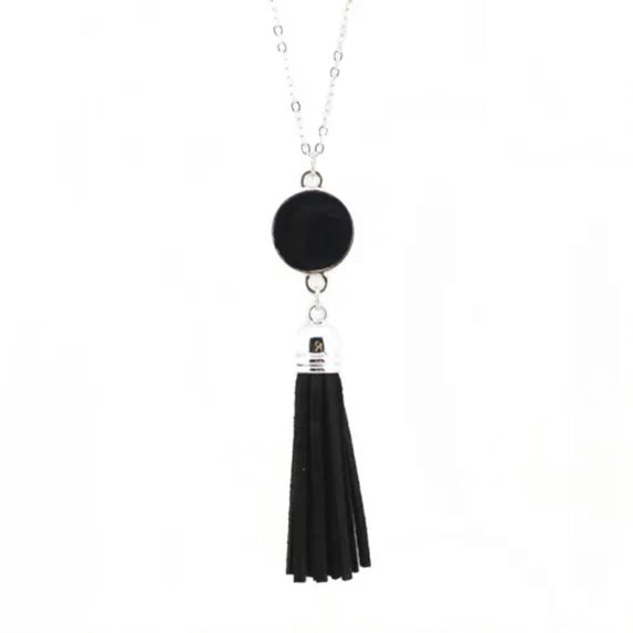 RSAMD Monogram Blank Enamel Disc Leather Long Chain Pendant Tassel Necklace -Silver Black