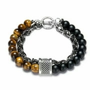 RSAMD Natural Stone Beaded Men Womens Stainless Steel Rolo Cable Link Chain Bracelet-Black+Tiger eye