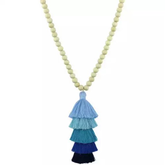 RSAMD Roundell Natural Wood Beads Cotton Tiered Thread Tassel Long Pendant Necklace -Blue