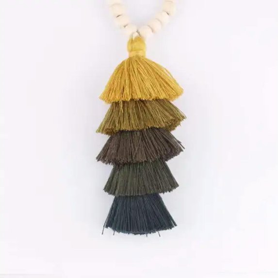 RSAMD Roundell Natural Wood Beads Cotton Tiered Thread Tassel Long Pendant Necklace -Olive