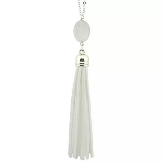 RSAMD Suede & Oval Stone Long Tassel Necklace Velvet Leather Fringe Pendant Necklaces-Silver White