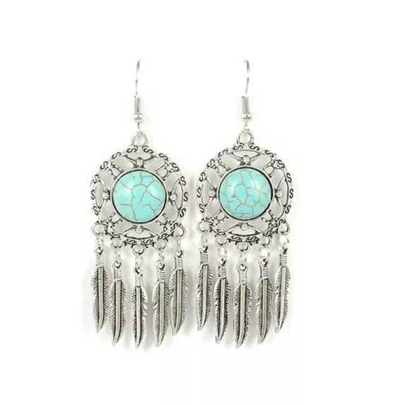 RSAMD Tibetan Silver Vintage Turquoise Women Fashion Jewelry Dangle Earrings Best Gift-3369-Hollow Round