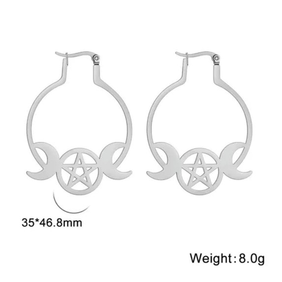 RSAMD Triple Moon Goddess Hoop Earring Stainless Steel Pentagram Wicca Earring Jewelry-Steel color