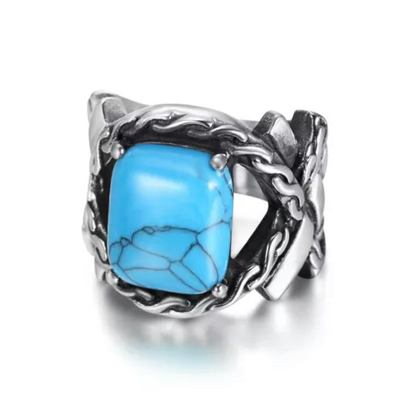 RSAMD Vintage Mens Silver Stainless Steel Gothic Viking Skull Biker Rings Jewelry 7-15-9-#32-Blue Turquoise