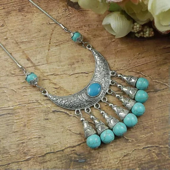 RSAMD Vintage Women's Tibetan Silver Turquoise Beads String Pendant Necklaces Jewelry-2456-1