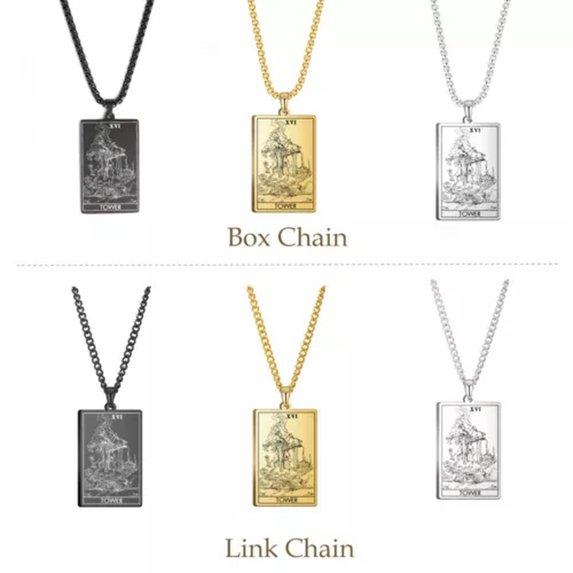 RSAMD Wicca Tarot Card Necklace Shadowscapes Major Arcana Pagan Vintage Wiccan Jewelry-Box Chain-Black-The Tower-23.62''(60cm)