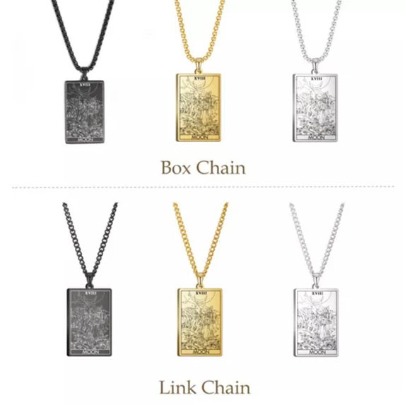 RSAMD Wicca Tarot Card Necklace Shadowscapes Major Arcana Pagan Vintage Wiccan Jewelry-Box Chain-Gold-The Moon-23.62''(60cm)