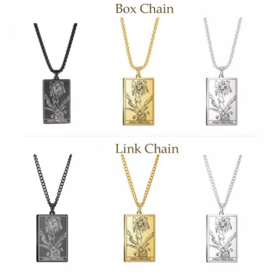 RSAMD Wicca Tarot Card Necklace Shadowscapes Major Arcana Pagan Vintage Wiccan Jewelry-Box Chain-Steel-The High Priestess-23.62''(60cm)