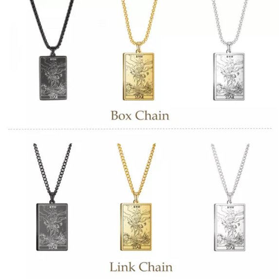 RSAMD Wicca Tarot Card Necklace Shadowscapes Major Arcana Pagan Vintage Wiccan Jewelry-Box Chain-Steel-The Star-23.62''(60cm)