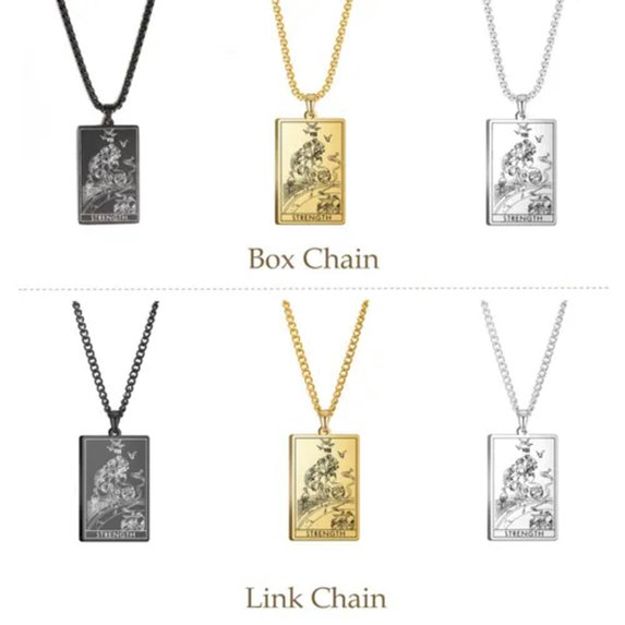 RSAMD Wicca Tarot Card Necklace Shadowscapes Major Arcana Pagan Vintage Wiccan Jewelry-Link Chain-Gold-Strength-23.62''(60cm)