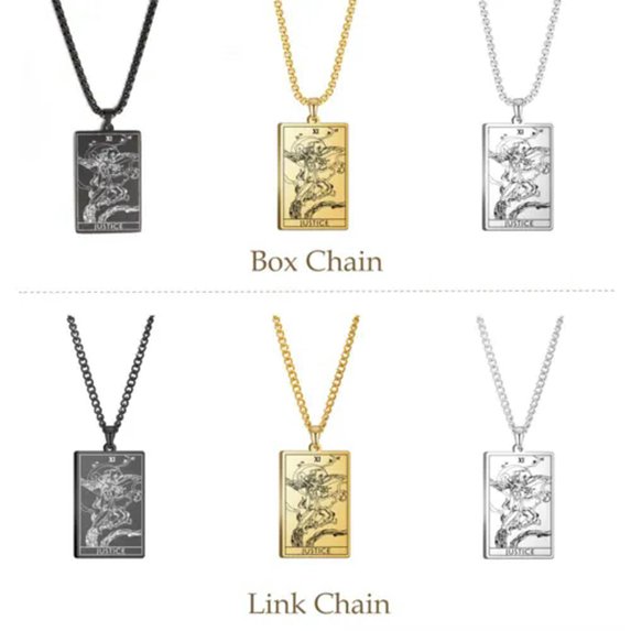 RSAMD Wicca Tarot Card Necklace Shadowscapes Major Arcana Pagan Vintage Wiccan Jewelry-Link Chain-Steel-Justice-23.62''(60cm)