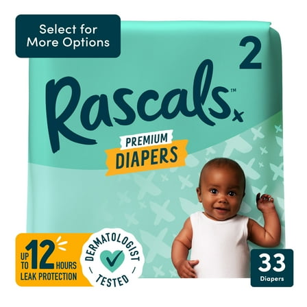 Rascals Premium Absorbent Baby Diapers Size 2, 33 Count