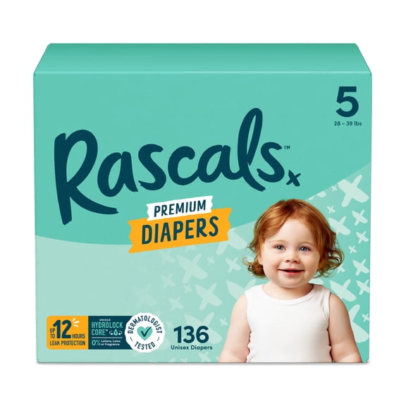 Rascals Premium Absorbent Baby Diapers Size 5, 136 Count