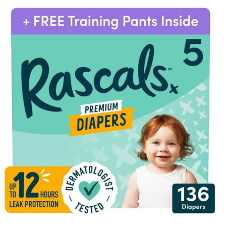 rascals premium absorbent baby diapers size 5, 136 count, with 2 cocomelon potty training pants