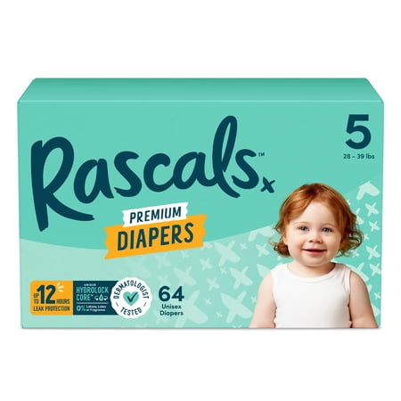 Rascals Premium Absorbent Baby Diapers Size 5, 64 Count