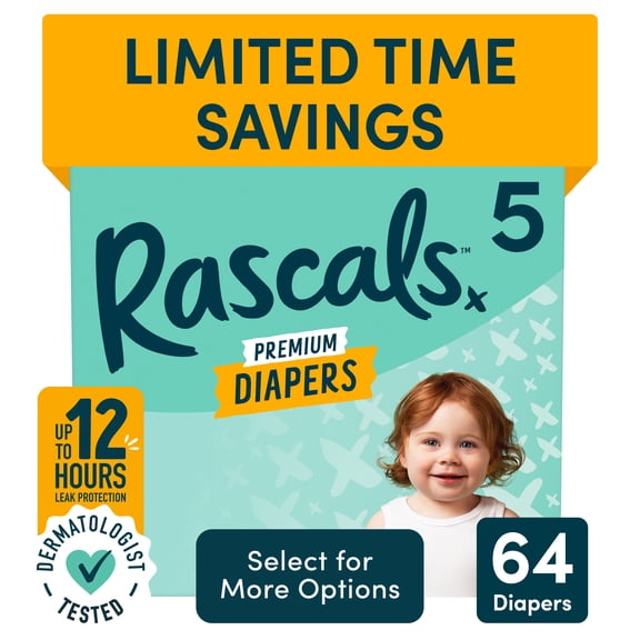 Rascals Premium Absorbent Baby Diapers Size 5, 64 Count