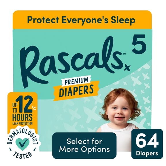 Rascals Premium Absorbent Baby Diapers Size 5, 64 Count