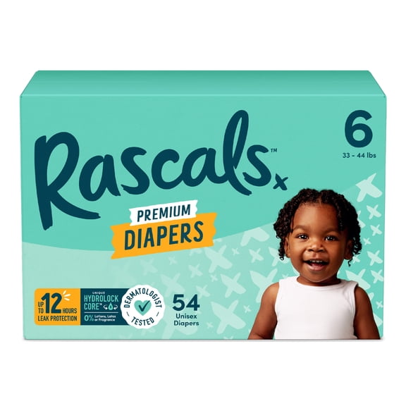 Rascals Premium Absorbent Baby Diapers Size 6, 54 Count