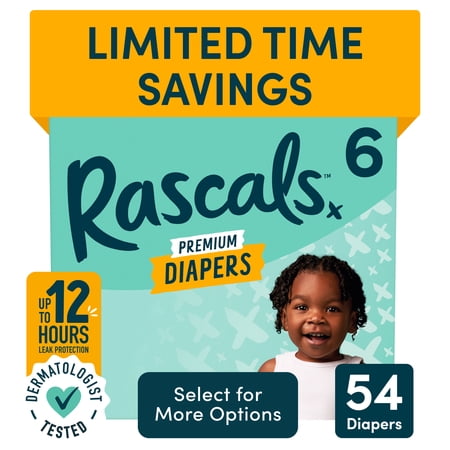 Rascals Premium Absorbent Baby Diapers Size 6, 54 Count