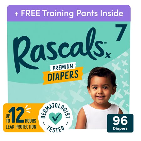 rascals premium absorbent baby diapers size 7, 96 count, with 2 cocomelon potty training pants