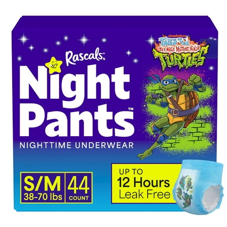Rascals Night Pants Absorbent Boys Nighttime Bedwetting Underwear, Teenage Mutant Ninja Turtles, S/M, 44 Count