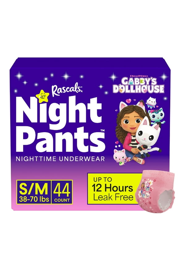 Night Pants Absorbent Girls Nighttime Bedwetting Underwear, Gabby's Dollhouse, S/M (38-70 lbs), 44 Count