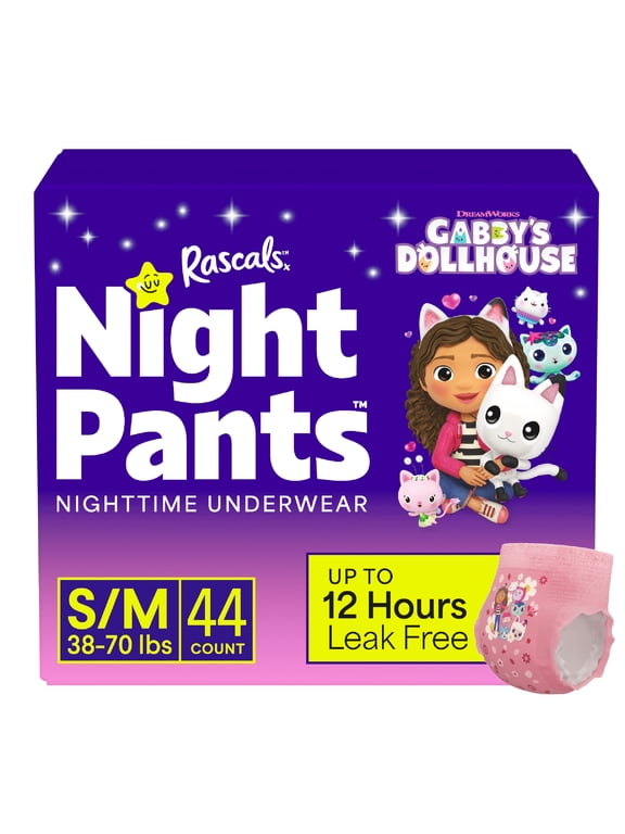 Night Pants Absorbent Girls Nighttime Bedwetting Underwear, Gabby's Dollhouse, S/M (38-70 lbs), 44 Count