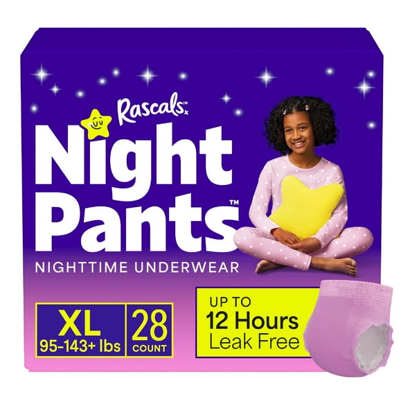 Rascals Night Pants Absorbent Disposable Girls Nighttime Bedwetting Underwear, XL  (95-143+ lbs), 28 Count