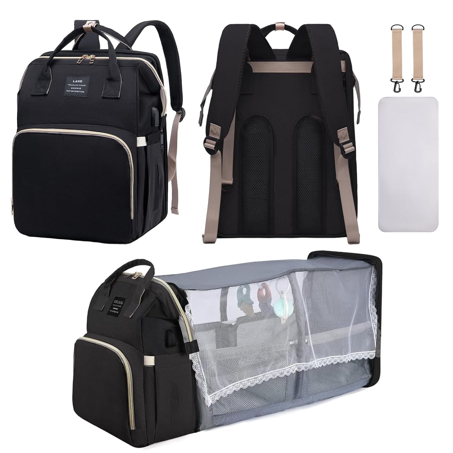 RSENFREMIOR Diaper Bag with Changing Station for Mom Dad, Large Capacity Travel Backpack with Stroller Straps ,3 in 1 Waterproof Foldable Changing Bag with Foldable Crib for Girls Boys