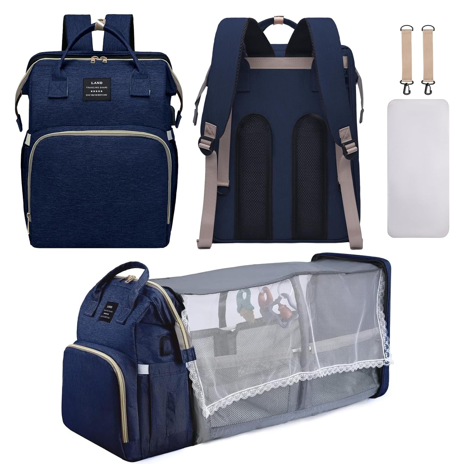 RSENFREMIOR Diaper Bag with Changing Station for Mom Dad, Large Capacity Travel Backpack with Stroller Straps ,3 in 1 Waterproof Foldable Changing Bag with Foldable Crib for Girls Boys