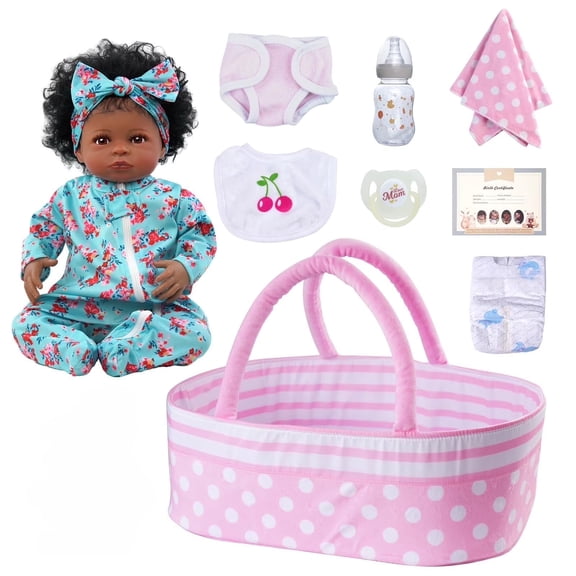 RSG 17 Inch Reborn Baby Dolls with Bassinet Black African American Soft Cloth Body Baby Dolls with Accessories Gift Box For Kids Age 3+