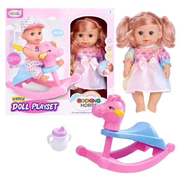 RSG 8 Inch Blonde Hair Blue Moving Eyes Neutral Baby Doll with Rocking Horse & Bottle - Soft Vinyl Body White Skin Collectible Gift Toy for Kids & Collectors