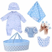 RSG Baby Clothes & Bassinet Set for 17-22 inch Reborn Soft Cloth Body - Blue 8pc Outfit Accessories