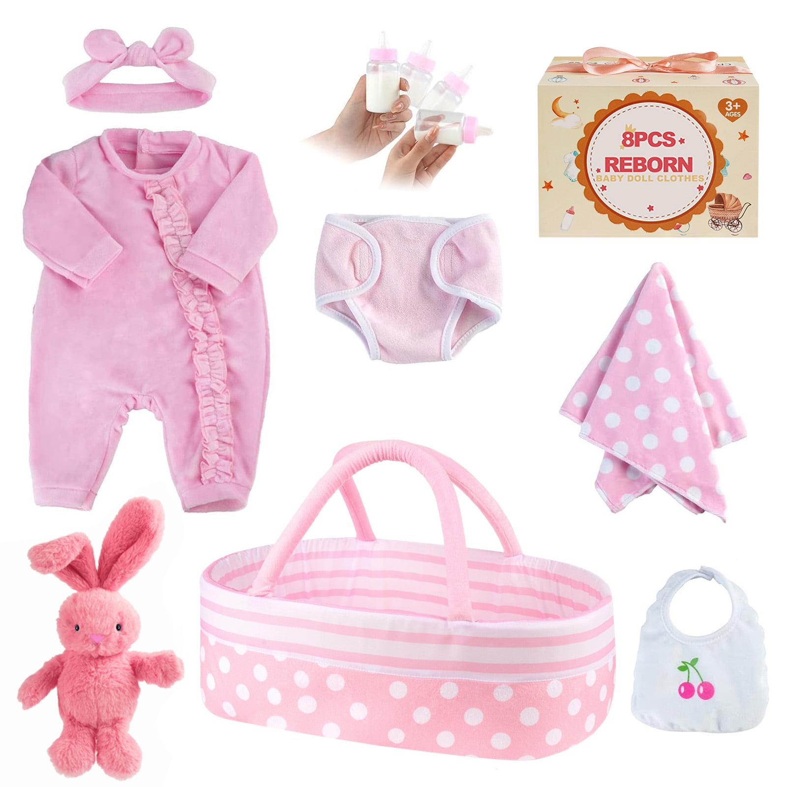 RSG 8 Pcs Reborn Baby Doll Clothes, Reborn Baby Dolls Matching Accessories Pink Set Girl with Bassinet for 17-22 Inch Baby Doll