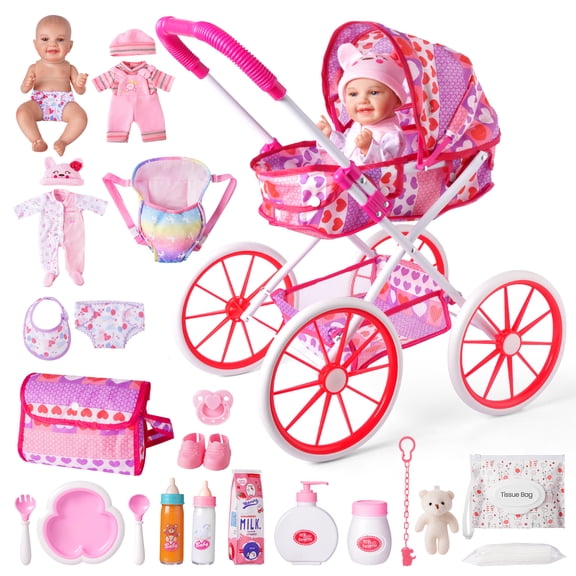 RSG Pink Heart Upgrade Baby Doll Stroller Toys Set with 12-Inch Baby Doll,Dining Plate,Baby Bottle Set,14 PCS Doll Accessories and 2 Sets Doll Clothes for Girls Toddlers 3+ Gifts for Pretend Play