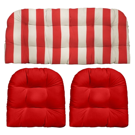 RSH Décor Indoor Outdoor 3 Piece Tufted Wicker Cushion Set, Large, Red & White Stripe + Red