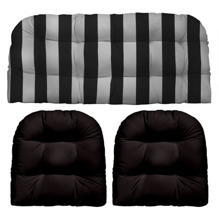 RSH Décor Indoor Outdoor 3 Piece Tufted Wicker Cushion Set, Standard, Black & White Stripe + Black