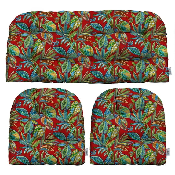 RSH Décor Indoor Outdoor 3 Piece Tufted Wicker Cushion Set, Standard, Crestwood Multi Leaves