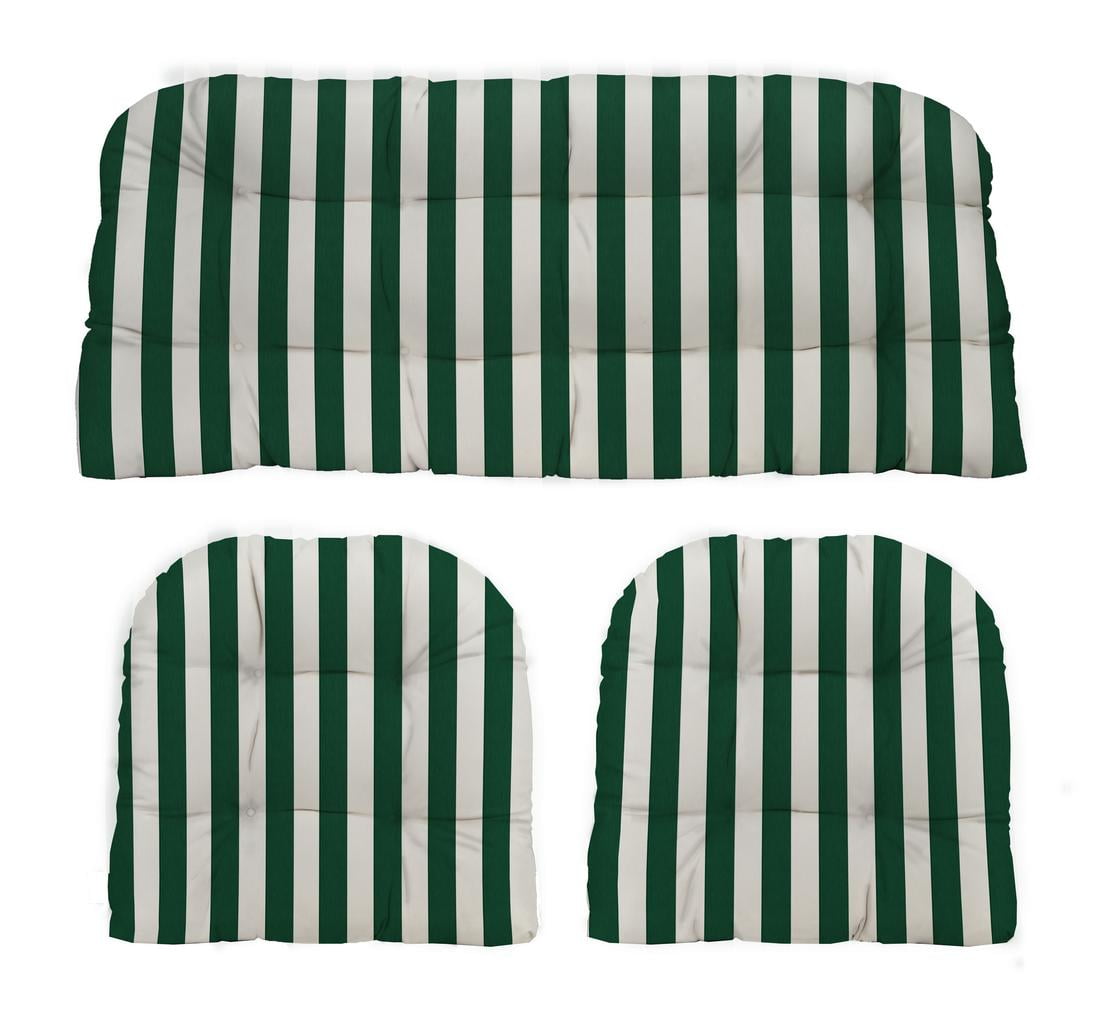 RSH Décor Indoor Outdoor 3 Piece Tufted Wicker Cushion Set, Standard, Hunter Green & White Stripe