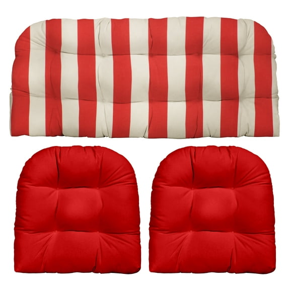 RSH Décor Indoor Outdoor 3 Piece Tufted Wicker Cushion Set, Standard, Red & White Stripe + Red