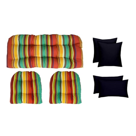 RSH Décor Indoor Outdoor 7 Piece Tufted Wicker Cushion Set + Pillows, Standard, Bright Colorful Stripe + Navy Blue