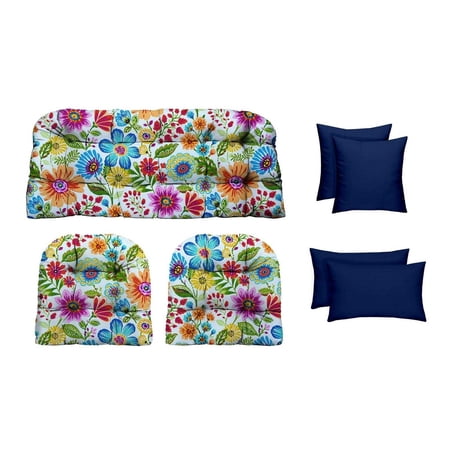 RSH Décor Indoor Outdoor 7 Piece Tufted Wicker Cushion Set + Pillows, Standard, Gregoire Fresco + Royal Blue
