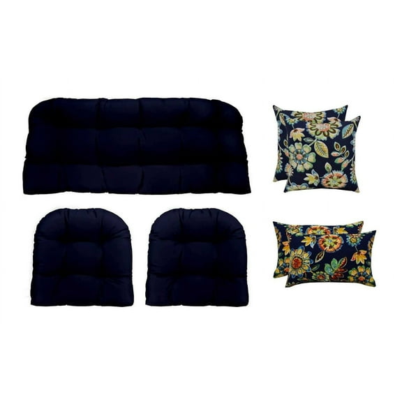 RSH Décor Indoor Outdoor 7 Piece Tufted Wicker Cushion Set + Pillows, Standard, Navy Blue + Daelyn Navy
