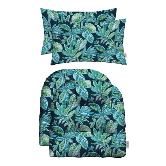 RSH Décor Indoor Outdoor Set of 2 U-Shape Cushions Large and 2 Lumbar Pillows, Crestwood Marine Blue Leaves