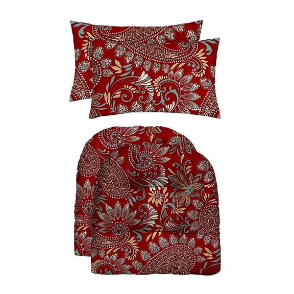 RSH Décor Indoor Outdoor Set of 2 U-Shape Cushions and 2 Lumbar Pillows, Eastman Berry Red Paisley