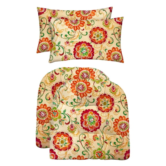 RSH Décor Indoor Outdoor Set of 2 U-Shape Cushions and 2 Lumbar Pillows, Fanfare Sonoma Cream Floral