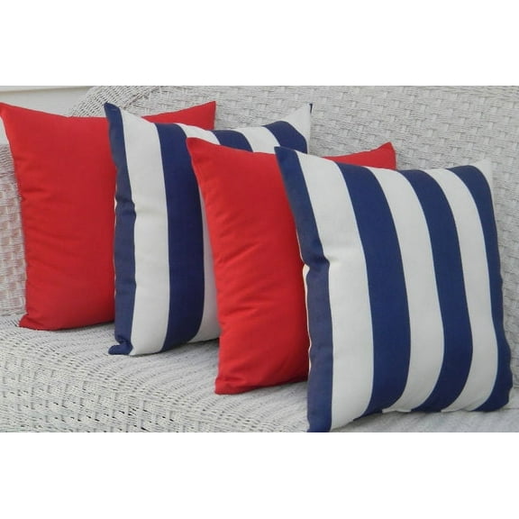 RSH Dcor Indoor Outdoor Set of 4 Pillows 17" x 17", Solid Red and Navy Blue & White Stripe